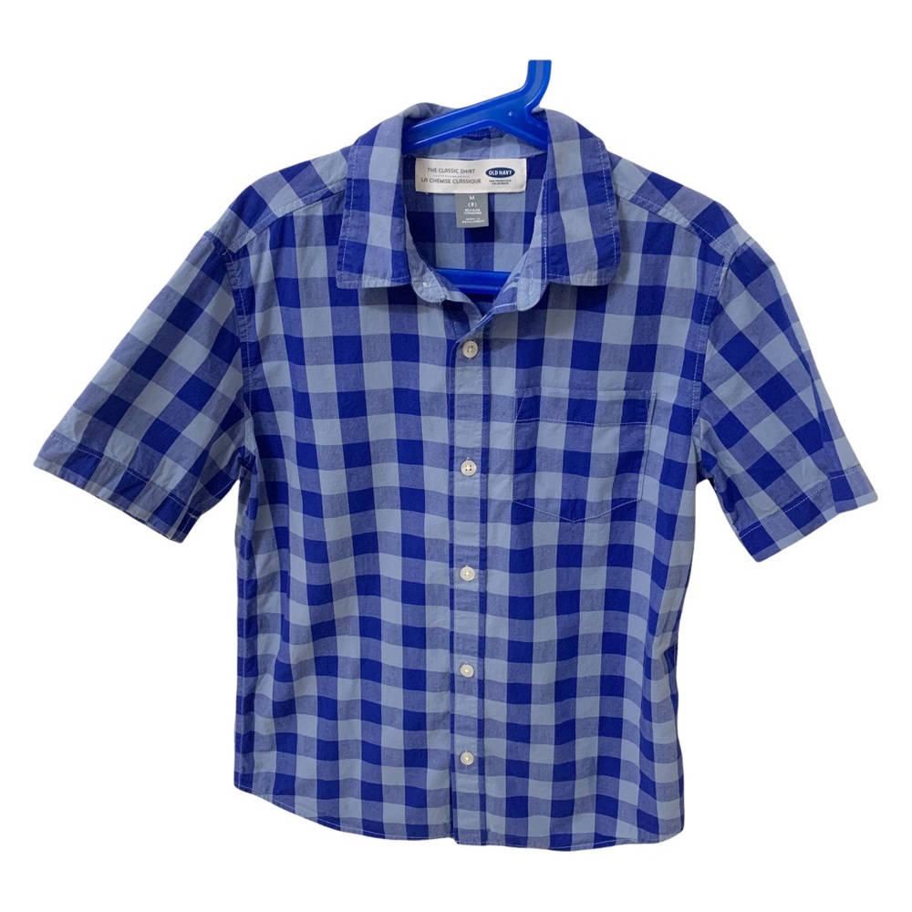 Old Navy Blue Button Up Shirt Preppy Checked Short Sleeve Kids Size 8